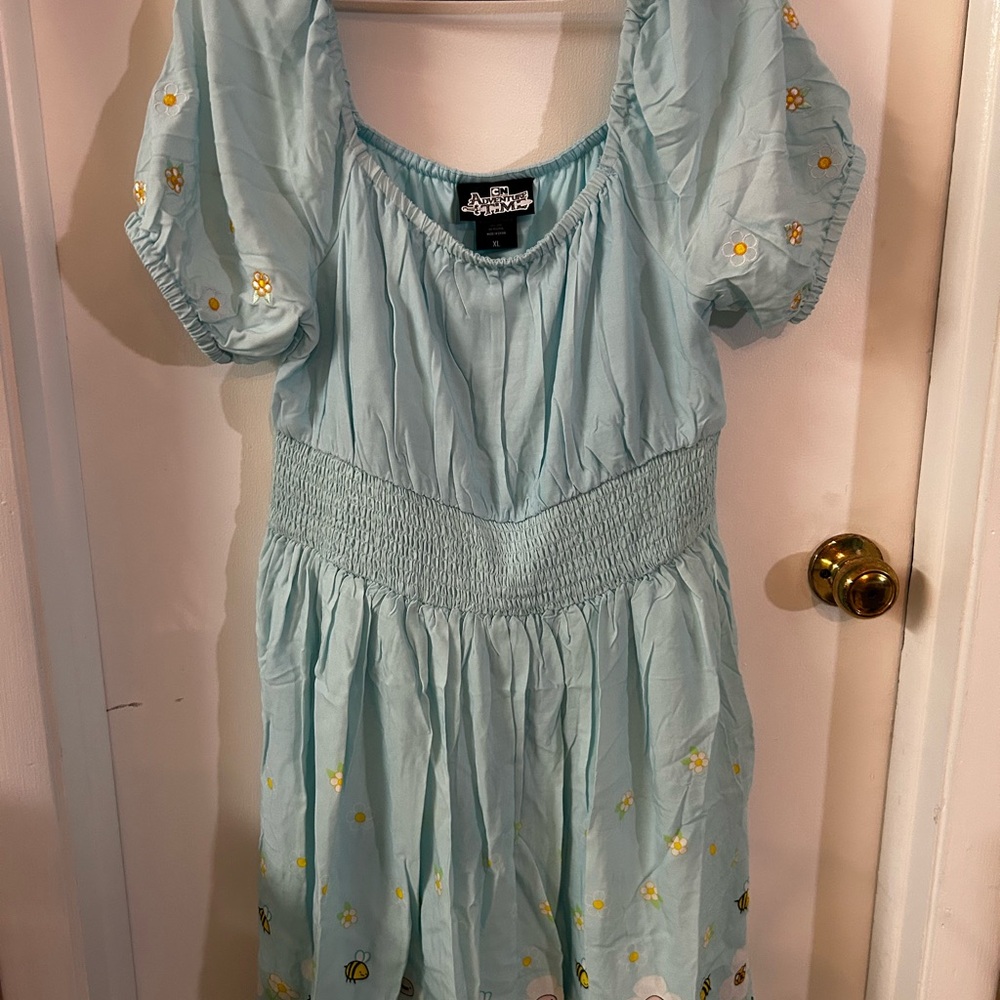 Adventure Time Sky Blue Midi Dress with Floral Details